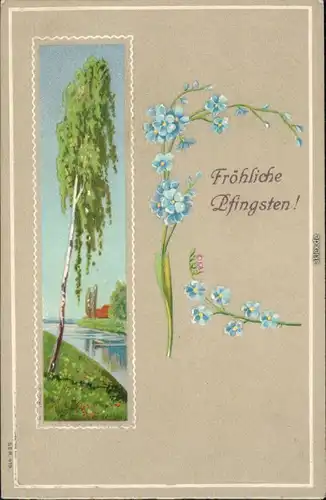 Ansichtskarte  Glückwunsch - Pfingsten - Birke am Fluss 1907 Prägekarte