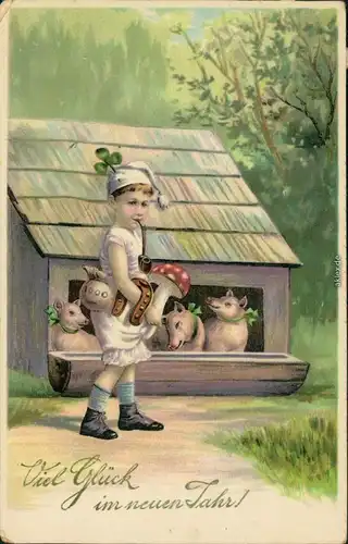 Neujahr/Sylvester Kind mit Hufeisen -Glückschwein   Fliegenpilz 1908