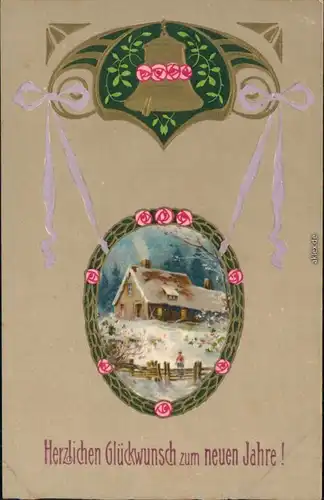 Ansichtskarte Neujahr/Sylvester - Gemälde Jugendstil 1908 Prägekarte