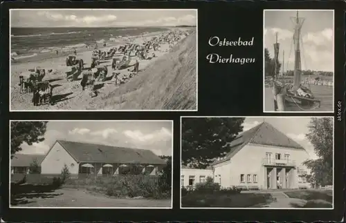 Dierhagen Strand mit Badegästen, Fischerboote, Ortsmotiv, Gaststätte 1965