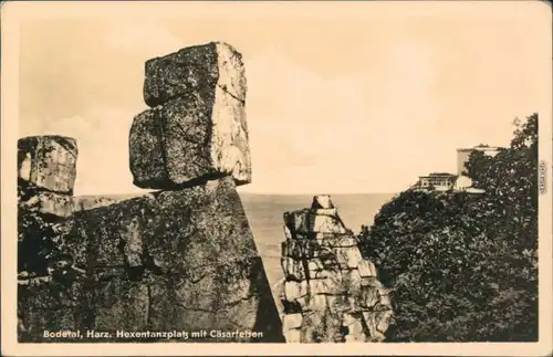 Ansichtskarte Thale (Harz) Hexentanzplatz (Bodetal) mit Cäsarfelsen 1955