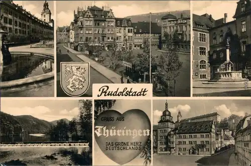 Ansichtskarte Rudolstadt Markt, Brunnen, Staudamm, Rathaus 1957
