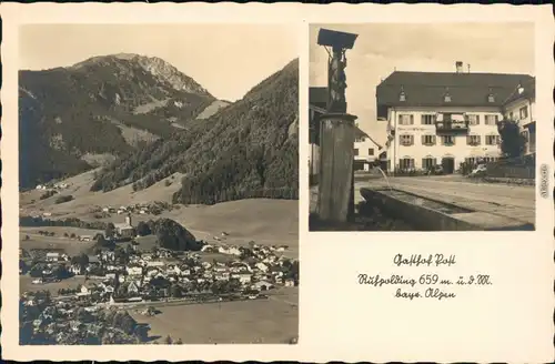 Ansichtskarte Ruhpolding Bild: Gasthof zur Post und Stadt 1932 