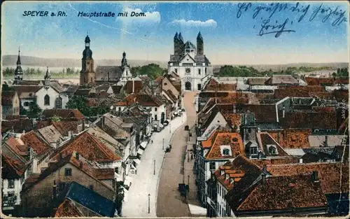 Ansichtskarte Speyer Dom mit Hauptstraße - Coloriert 1930