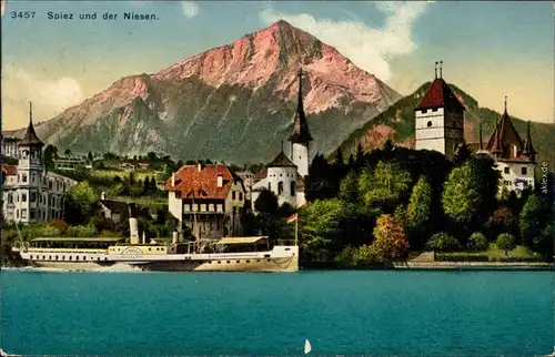 Spiez Panorama-Ansicht und der Niesen mit Dampfer - Zeichnung 1910