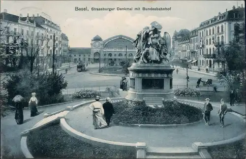 Ansichtskarte Basel Strassburger Denkmal mit Bundesbahnhof 1910