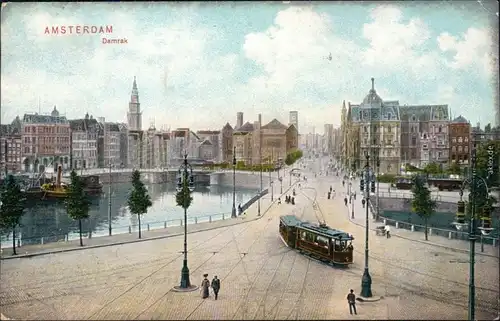 Ansichtskarte Amsterdam Amsterdam Straßenbahn auf der Damrak 1906
