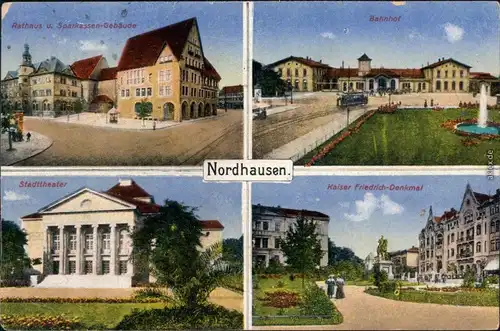 Nordhausen 4 Bild: Stadttheater, Denkmal, Bahnhof und Sparkasse 1917 