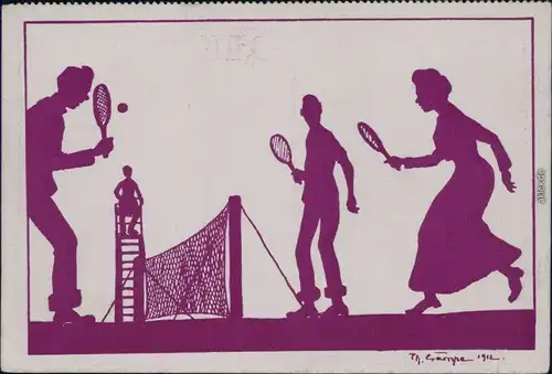 Ansichtskarte  Schattenschnitt, Tennis - Doppel signierte Künstlerkarte 1913