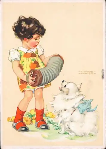 Ansichtskarte  Lungers Hausen Kind mit Ziehharmonika und Hund 1930