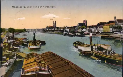 Ansichtskarte Magdeburg Dampfer und Kähne - Nordbrücke 1922 