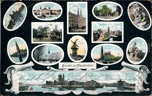 Amsterdam Amsterdam Mikroskopkarte: Windmühle, Straßen etc. 1906 