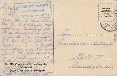 Ansichtskarte Schönau am Königssee Gaststube Vorderbrand 1914 