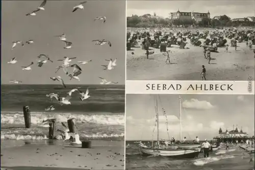 Ahlbeck (Usedom) Strand mit vielen Möwen, Seebrücke, Boote 1970