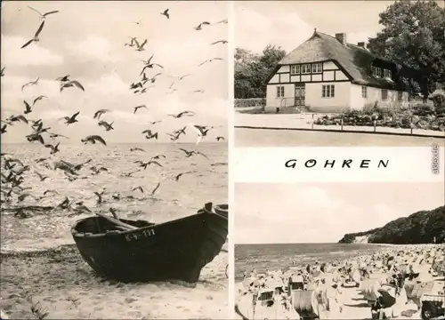 Göhren (Rügen) Boot mit vielen Möwen, Fachwerkhaus  Reetdach Strandkörbe 1975