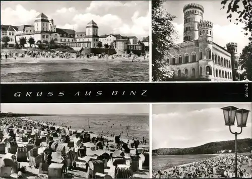 Binz (Rügen) Strand mit Kuranlagen, Schloss, Strand mit vielen Körben 1981