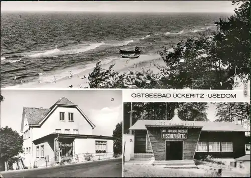 Ansichtskarte Ückeritz (Usedom) Strand, Ratscafé, Fischerhütte 1980