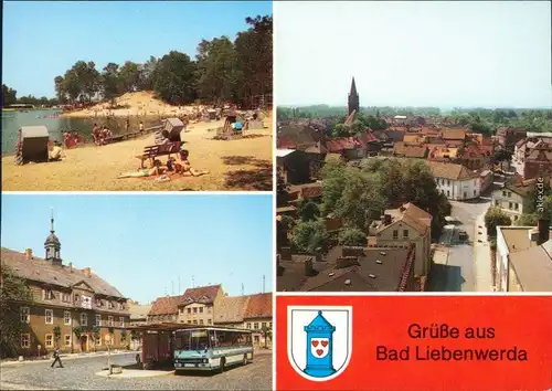 Ansichtskarte Bad Liebenwerda Waldbad - Strand, Markt, Teilansicht 1989