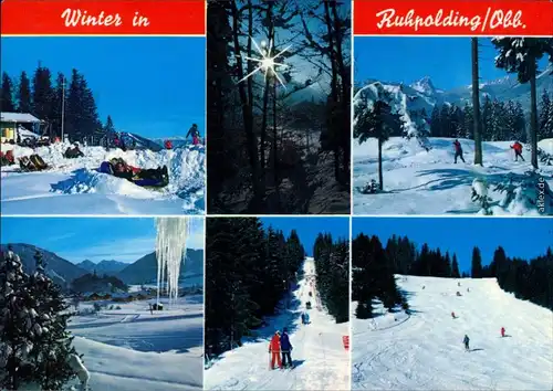 Ruhpolding Winterliche Szene, Gashof, Wald, Skifahrer, Piste, Skilift 1994