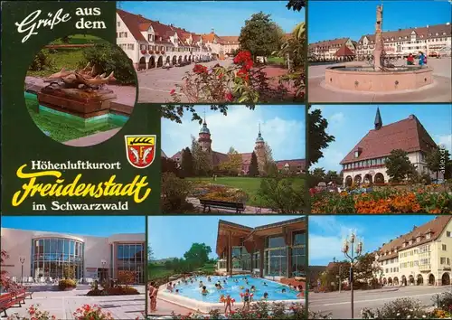 Freudenstadt Marktplatz, Brunnen, Evangelische Stadtkirche, Schwimmbad 1991