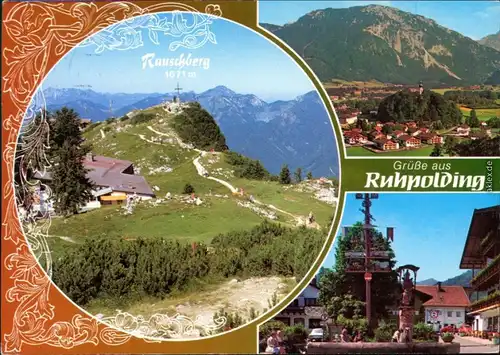 Ansichtskarte Ruhpolding Panorama-Ansicht, Berg mit Gipfelkreuz, Brunnen 1987
