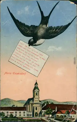 Ansichtskarte Maria - Enzersdorf Schwalbe mit Brief über der Stadt 1914 