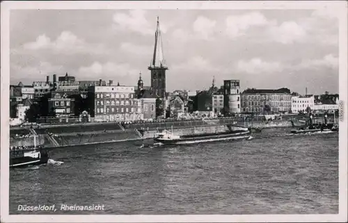 Ansichtskarte Düsseldorf Rheinansicht, Kähne und Hafen 1953 