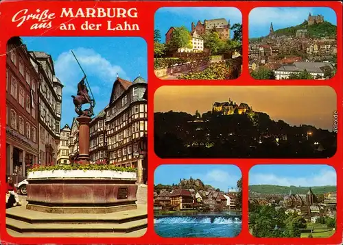 Marburg an der Lahn Panorama-Ansichten, Schloss, Brunnen, Lahn 1990