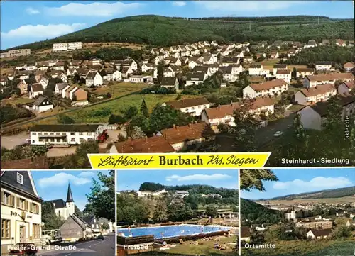 Burbach (Siegerland) Panorama-Ansicht, Freier-Grund-Straße, Freibad,  1973