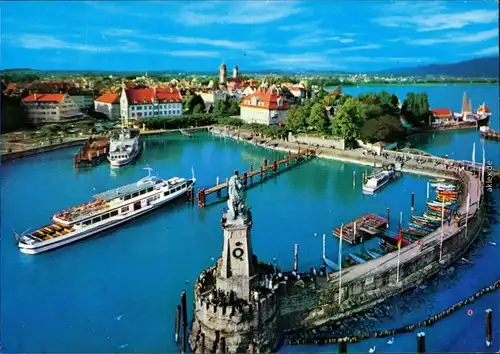 Lindau (Bodensee) Hafen - Blick vom Leutturm auf Hafenanleger mit Dampfer 1986