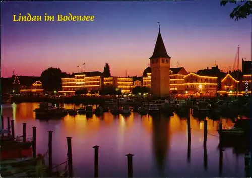 Ansichtskarte Lindau (Bodensee) Hafen in der Dämmerung mit Belechtung 1998