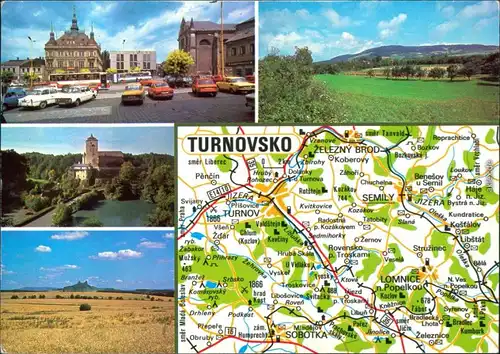 Ansichtskarte Turnau Turnov Marktplatz, Panorama, Burg, Felder, Karte 1985