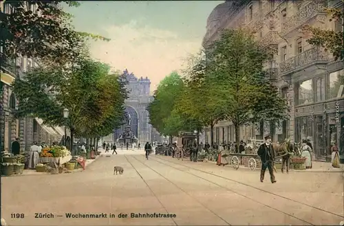 Ansichtskarte Zürich Wochenmarkt in der Bahnhofsstraße 1911