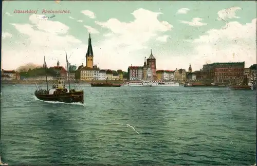 Ansichtskarte Düsseldorf Rheinansicht mit Fähre und Dampfer 1909 
