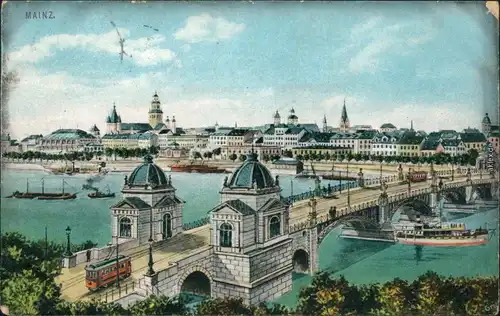 Ansichtskarte Mainz Rheinbrücke - Straßenbrücke 1909
