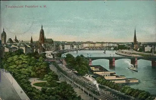 Frankfurt am Main Panorama-Ansicht mit Kirchen und Dampflokomotive am Main 1909