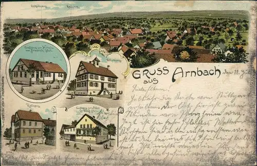 Litho Arnbach Schwabhausen Gasthaus zum  Rathaus, Gasthaus zum Adler 1909