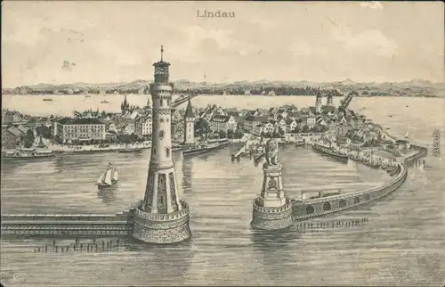 Ansichtskarte Lindau (Bodensee) Hafen - Zeichnung 1909