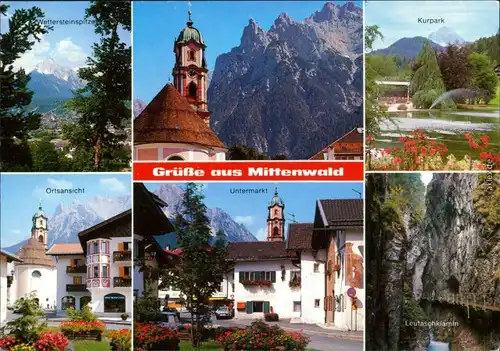 Mittenwald Wettersteinspitze, Kirche, Kurpark Untermark, Leutaschklamm 1988