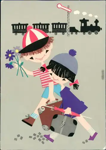 Ansichtskarte  DB Deutsche Bahn (Werbung) - Zeichnung mit Zug und Kindern 1970
