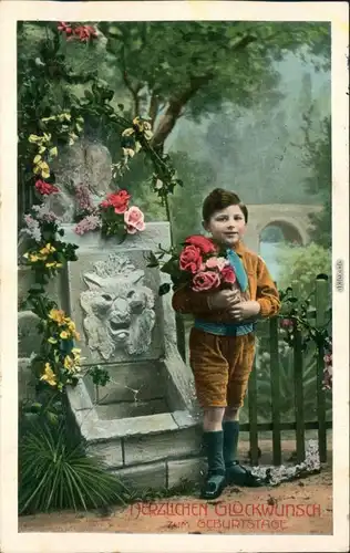 Ansichtskarte  Glückwunsch/Grußkarten: Geburtstag, Junge mit Blumen 1912