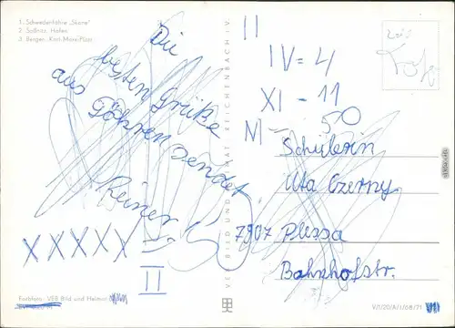 Ansichtskarte Bergen (Rügen) Schwedenfähre, Hafen, Karl-Marx-Platz 1971