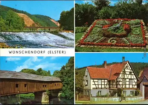 Wünschendorf (Elster) Elsterwehr, Blumenuhr, Holzdachbrücke, OT Cronschwitz 1978