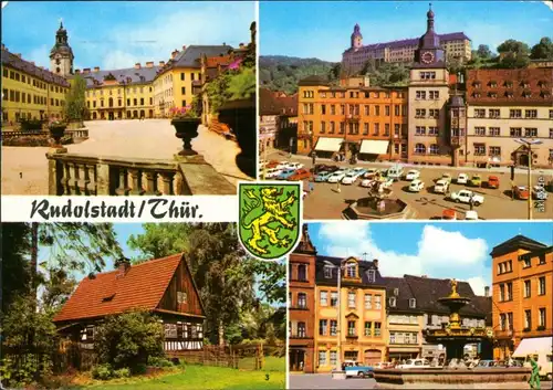 Rudolstadt Schloß Heidecksburg, Marktplatz mit vielen parkenden Pkw's,   1975