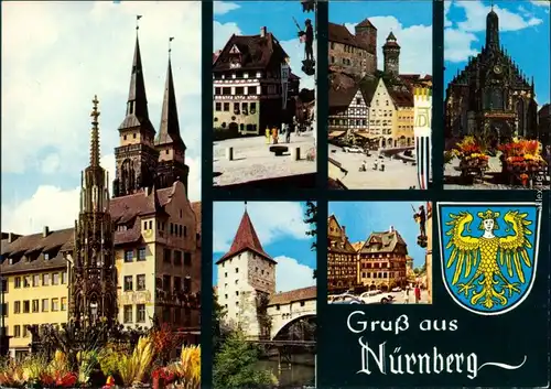 Ansichtskarte Nürnberg Kirche, Markt, Fachwerkhäuser, Burgturm 1989