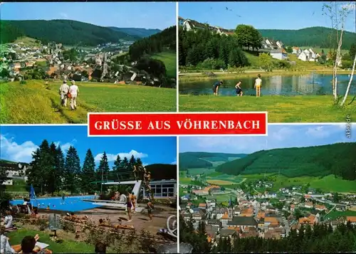 Vöhrenbach Badesee, Schimmbad mit Sprungturm, Panorama mit Kriche 1994