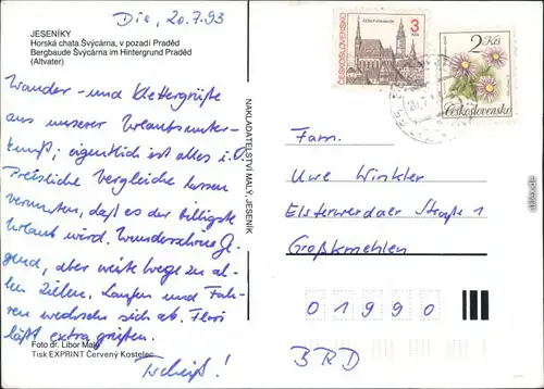 Freiwaldau Jeseník Bergbaude Svycarna im Hintergrund Praded (Altvater) 1993