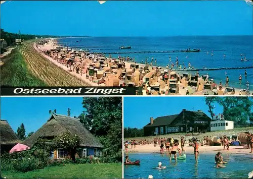 Zingst-Darss Strand mit vielen Strandkörben und Badegästen, Reetdachhaus 1970