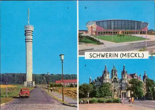 Ansichtskarte Schwerin Fernsehturm, Sporthalle, Schloß 1969
