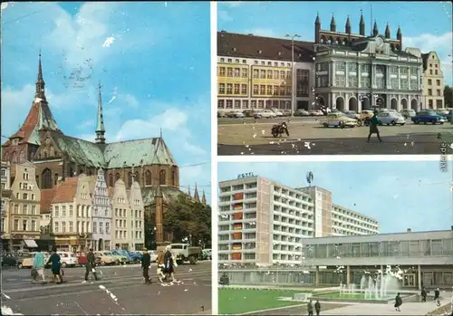 Ansichtskarte Rostock Marienkirche, Rathaus, Interhotel Warnow g1970